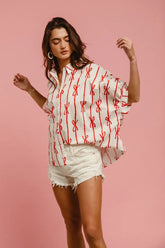 BiBi Bow Ribbon Woven Printed Button Down Shirt OutfitFlow
